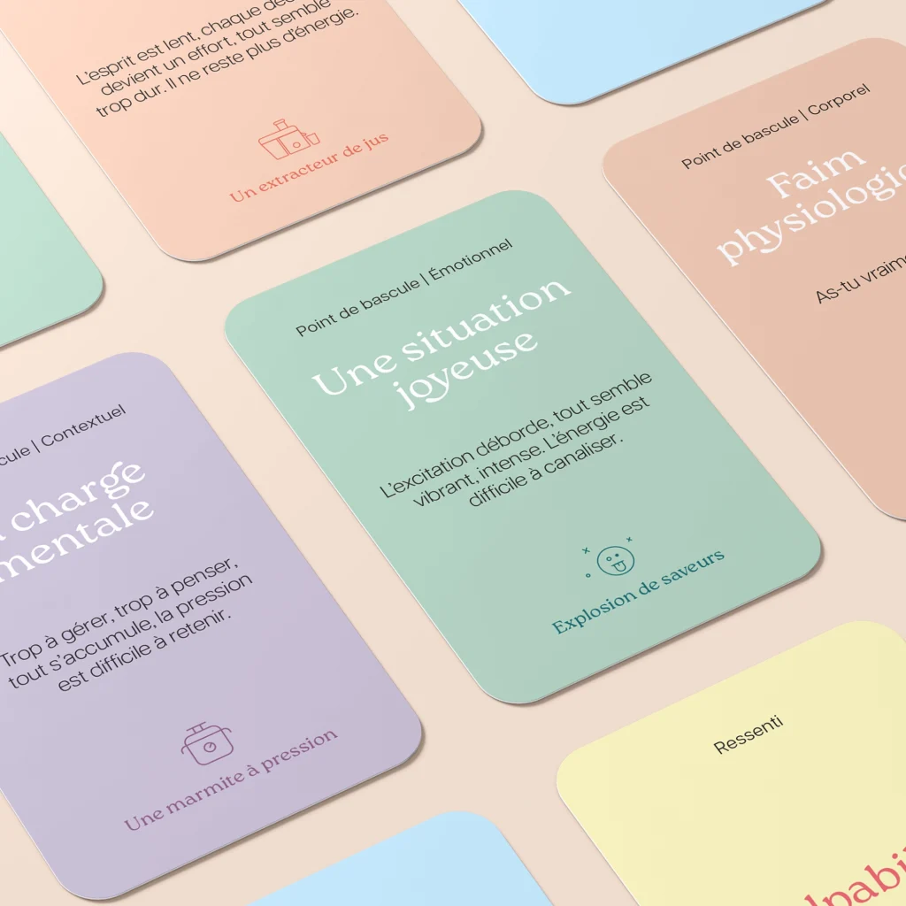Cartes colorées de l’outil Manger ses émotions, présentant différents déclencheurs comme une situation joyeuse, la faim physiologique ou la charge mentale.
