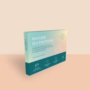 Boîtier de l’outil Manger ses émotions, un jeu de 52 cartes conçu par Marie-Eve Matte pour mieux comprendre les compulsions alimentaires et y répondre avec bienveillance.