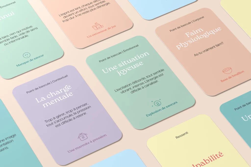 Cartes colorées de l’outil Manger ses émotions, présentant différents déclencheurs comme une situation joyeuse, la faim physiologique ou la charge mentale.